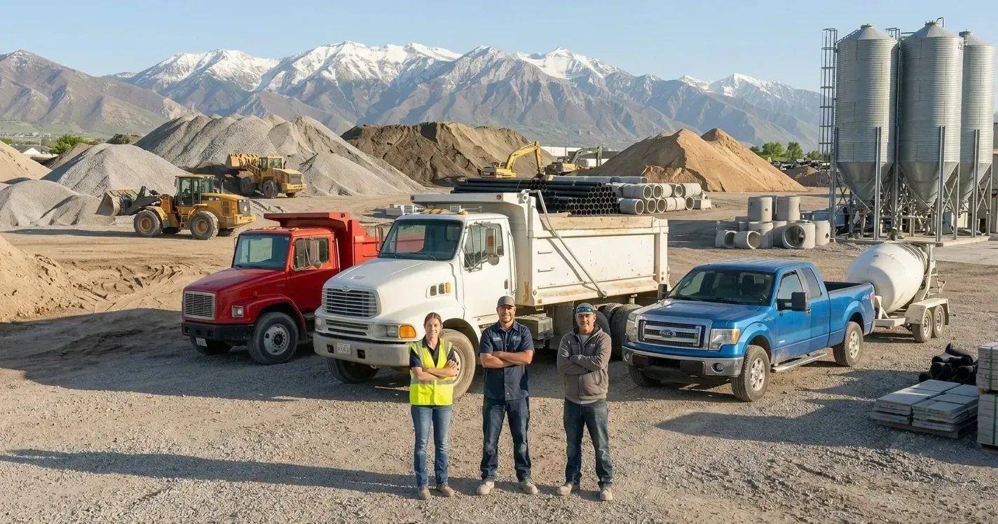 Construction site with four workers, dump trucks, gravel piles, and snowy mountains in the background