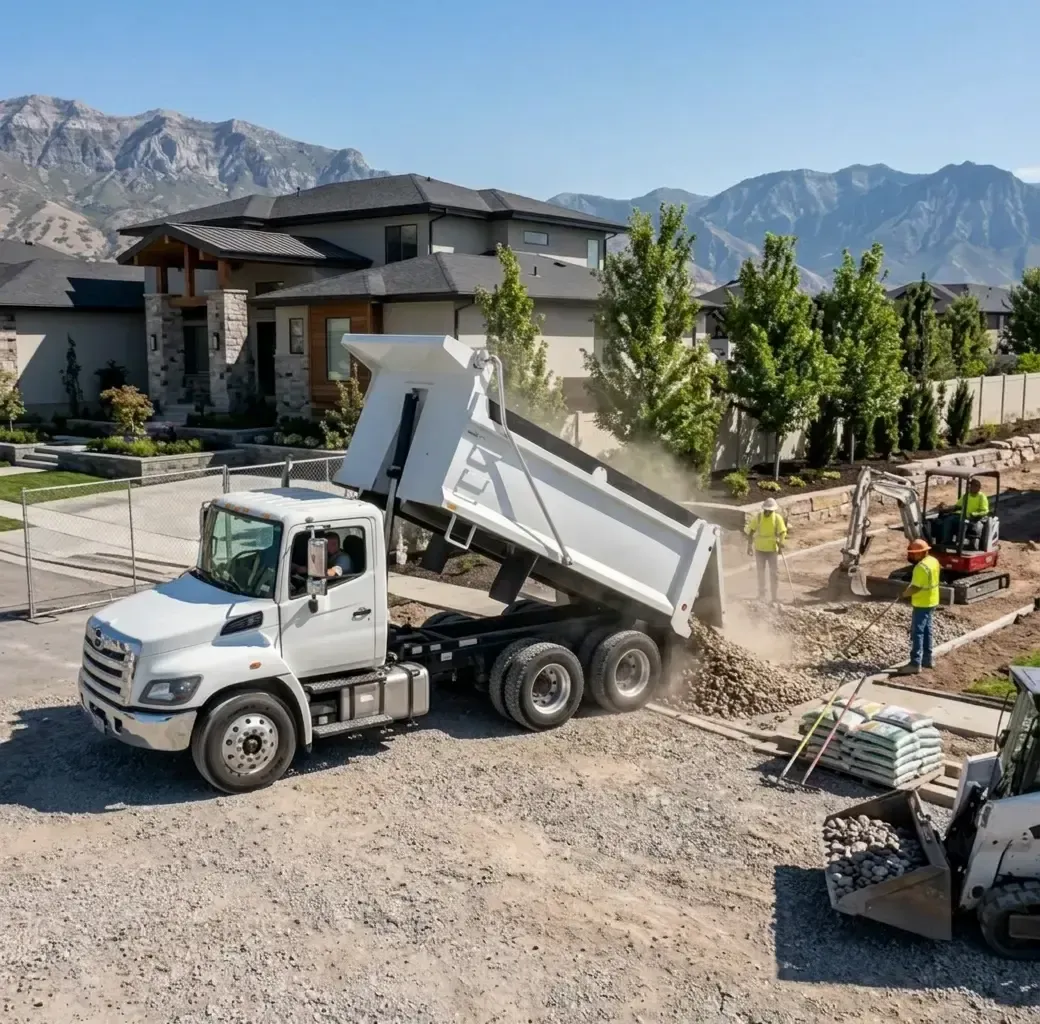 Dump truck unloading gravel at a home construction site with mountains in the background
