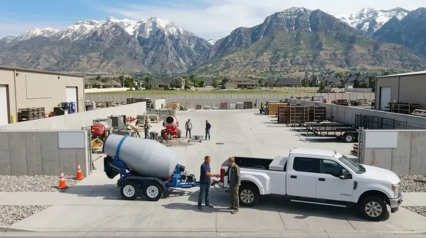 Red pickup towing a Utah Rock and Engine trailer in a dusty quarry with heavy equipment and silos.