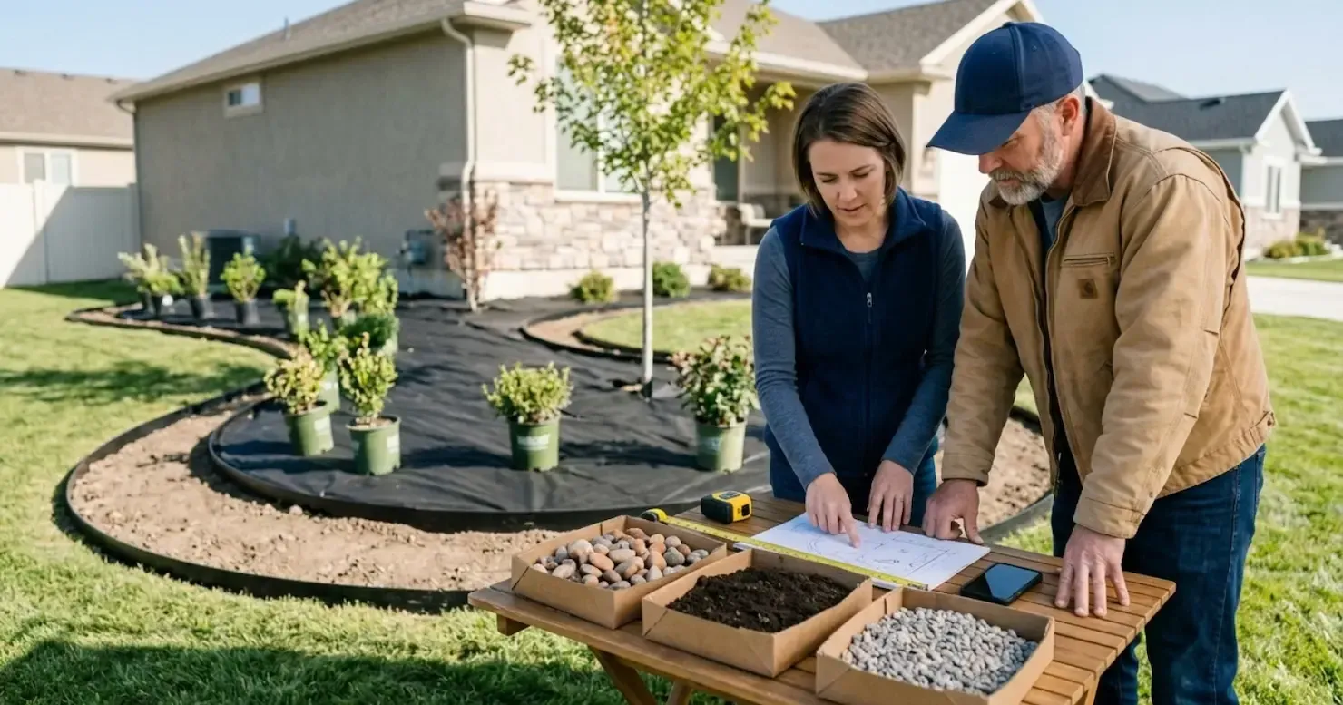 Two people discussing Utah Rock samples and paver displays at a suburban outdoor sales event