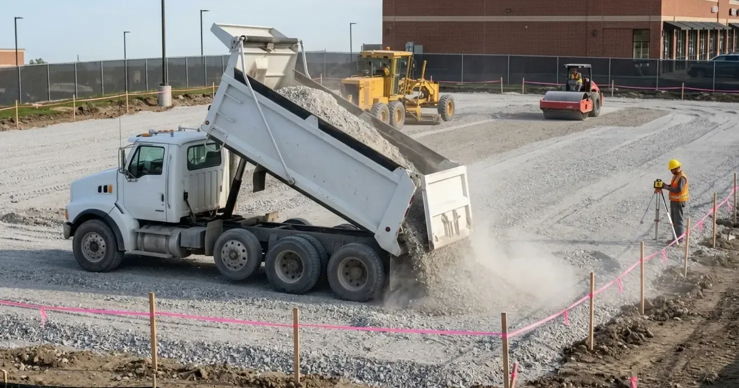 Dump truck unloading gravel at a construction site, with workers and heavy equipment nearby. Dump truck unloading gravel at a construction site, with workers and heavy equipment nearby.
