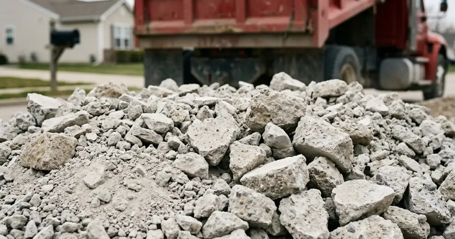 Pile of gray rubble in front of a red dump truck on a construction site Pile of gray rubble in front of a red dump truck on a construction site