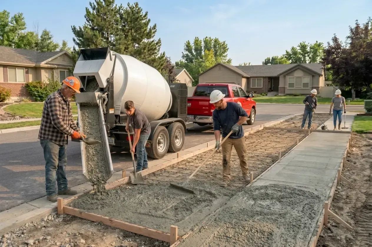 Construction crew pouring concrete for a new sidewalk in a suburban neighborhood