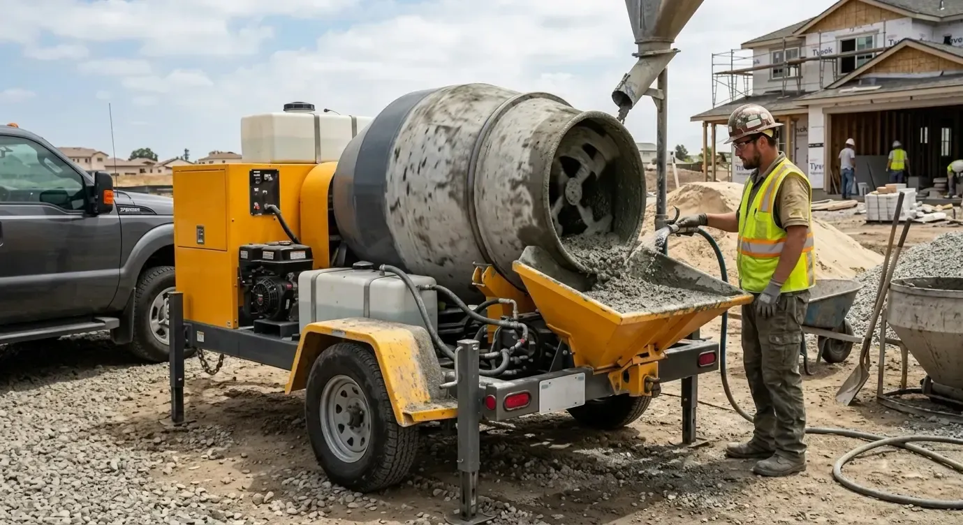 Construction worker pouring concrete from mixer into a wheelbarrow at a building site