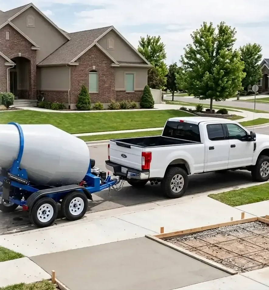 White pickup towing a blue concrete mixer trailer on a suburban street with mountains in the background