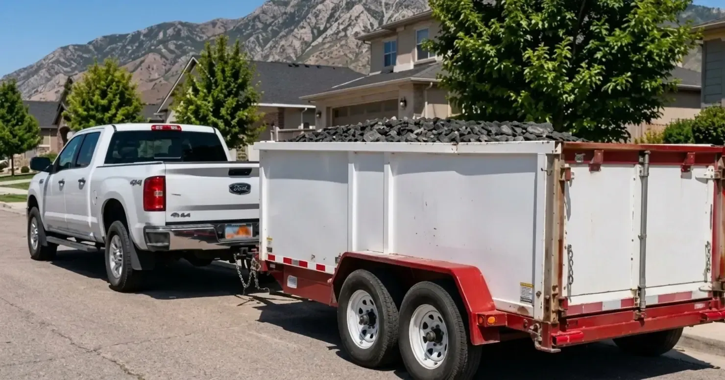 White pickup towing a red-and-white utility trailer on a sunny suburban street with mountains behind White pickup towing a red-and-white utility trailer on a sunny suburban street with mountains behind