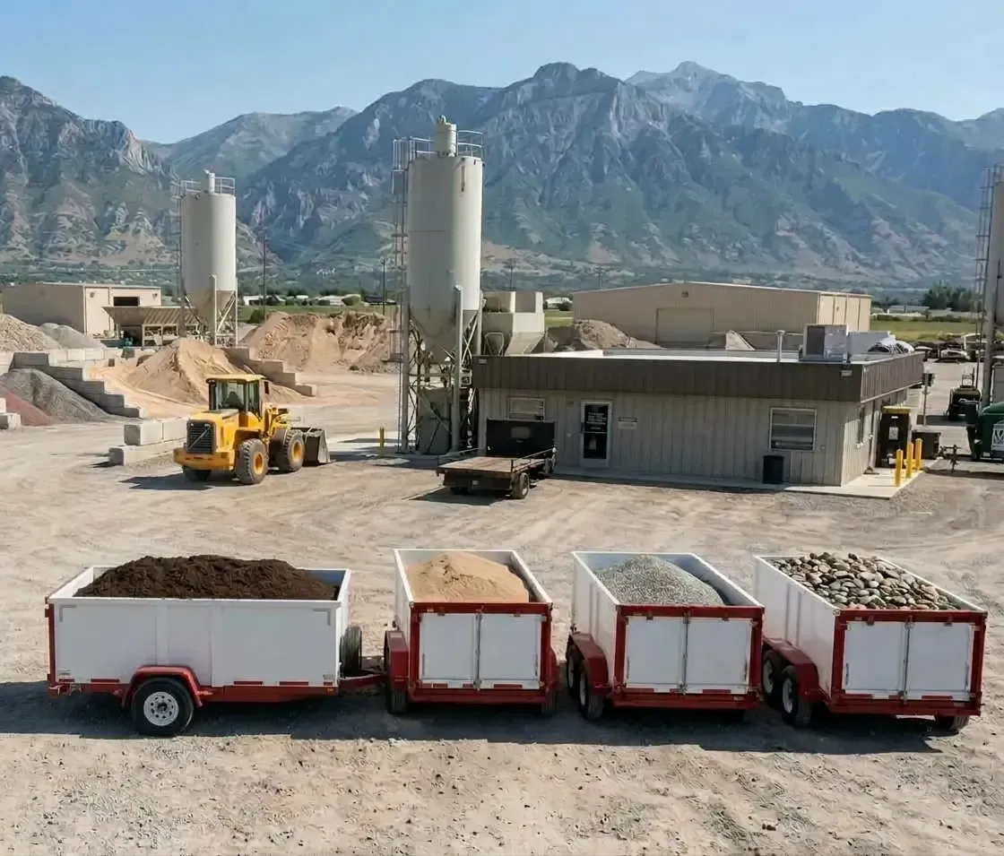 Worker unloads black mulch from a red pickup into a branded trailer in a suburban driveway