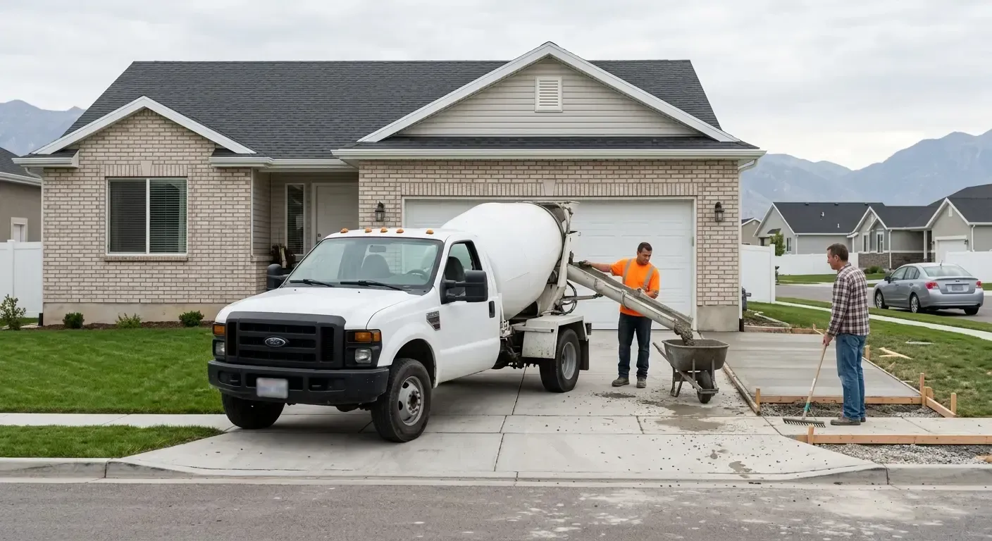 Cement mixer trailer pouring concrete for a driveway at a suburban home construction site