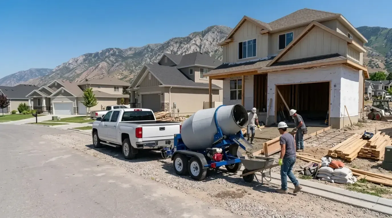 Workers pour concrete from a truck at a new house under construction in a suburban neighborhood.