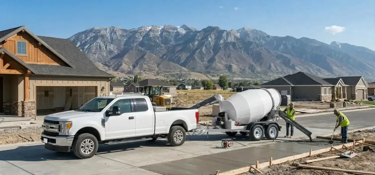 White pickup truck towing a cement mixer on a suburban street with mountains in the background