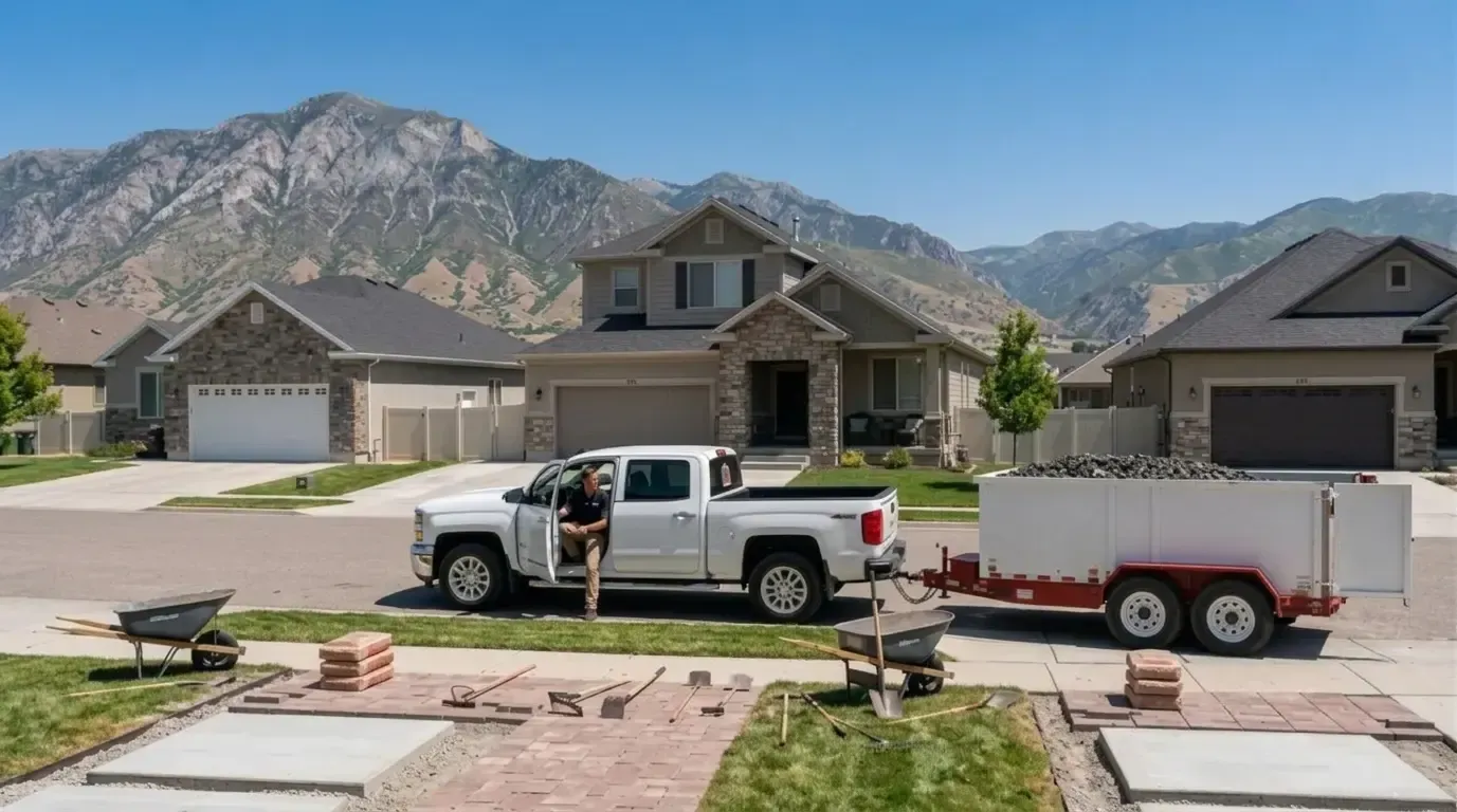 White pickup truck and trailer at a suburban house under construction, with mountains in the background
