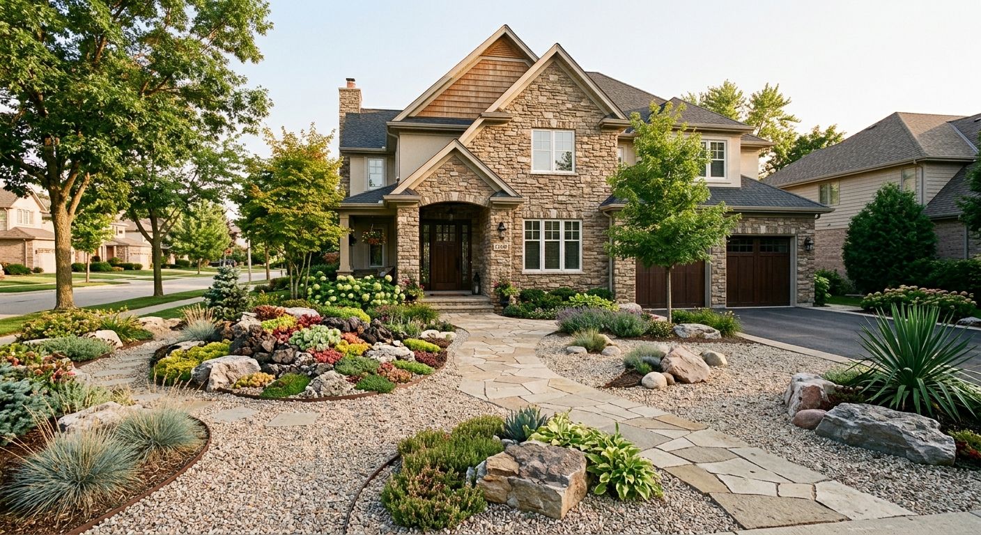 Stone house with a landscaped front yard, flower beds, and a gravel driveway at sunset Stone house with a landscaped front yard, flower beds, and a gravel driveway at sunset