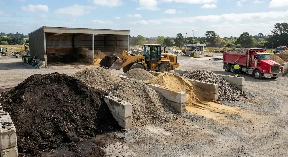 Red dump truck unloading sand at a forest construction site