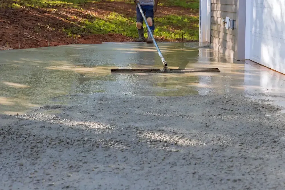 Person smoothing wet concrete beside a house with a long-handled tool