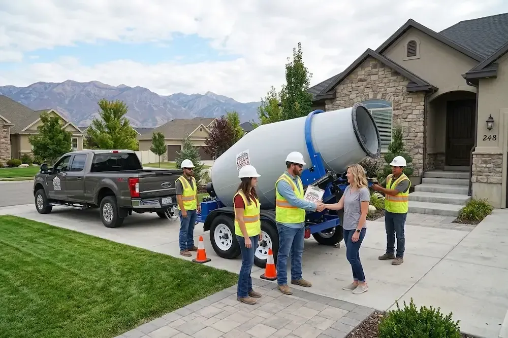 Workers in safety vests and hard hats around a concrete mixer truck on a suburban street￼