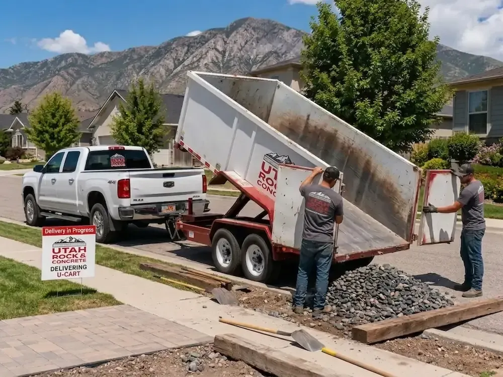 Workers unloading gravel from a dump trailer into a driveway beside a white pickup truck.