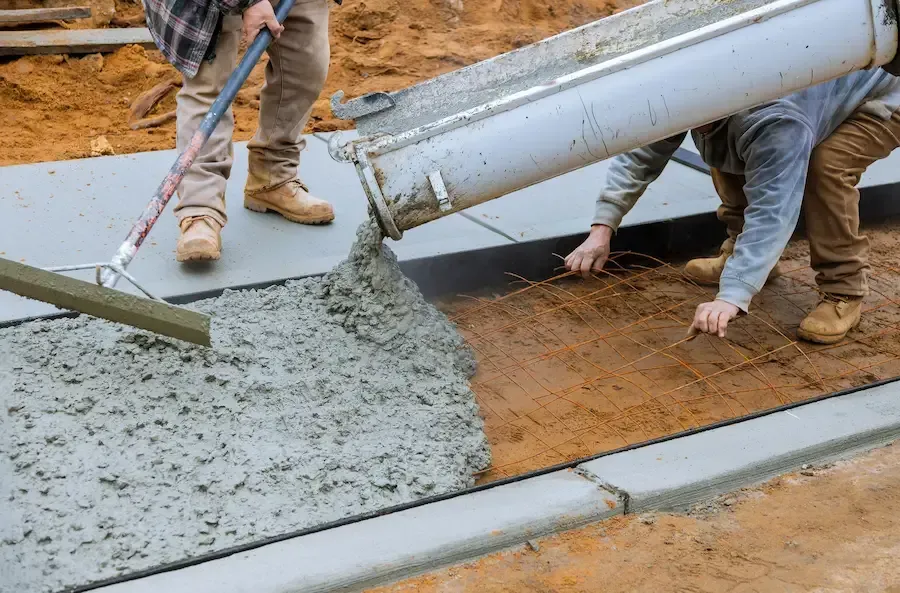 Workers pouring concrete into wooden forms at a construction site