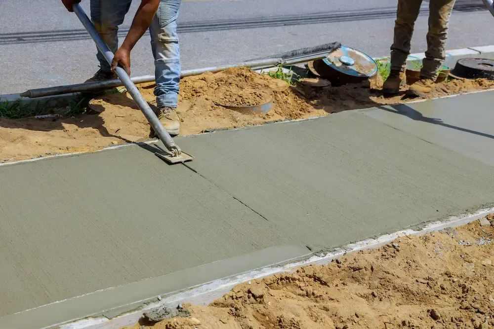 Workers smoothing fresh concrete on a sidewalk construction site