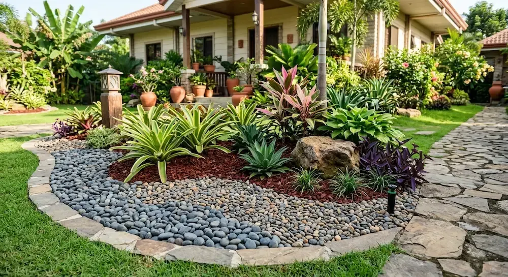 Landscaped garden with tropical plants, rocks, and stone path beside a house porch