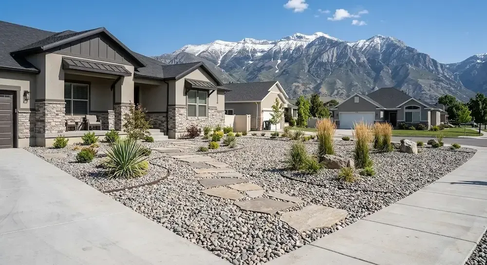 Modern suburban homes with landscaped xeriscape and snow-capped mountains in the background
