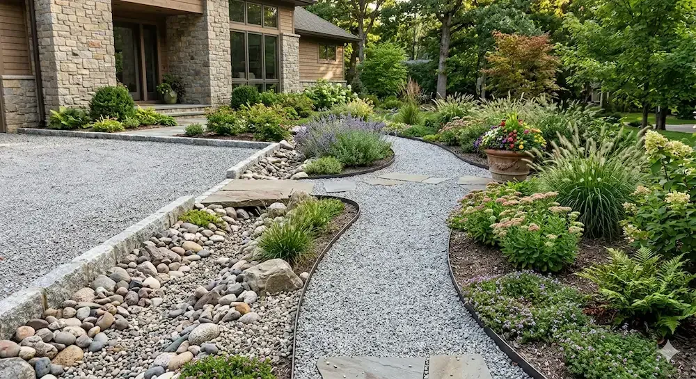 Curved gravel garden path beside rock beds and shrubs near a house entrance