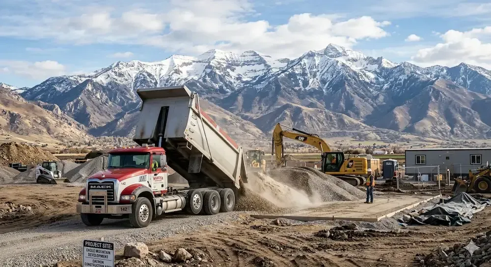 Dump truck unloading dirt at a construction site with snowy mountains in the background
