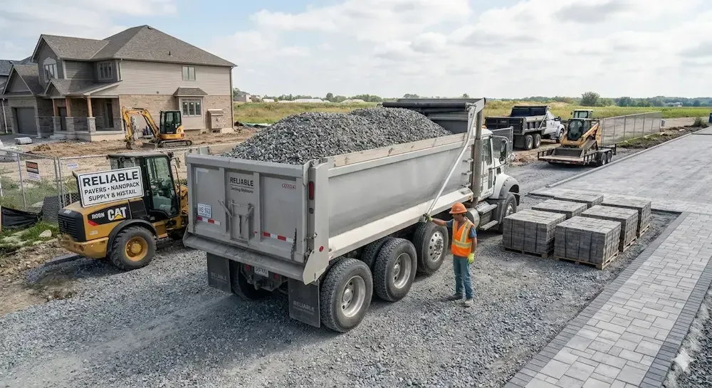 Construction site with dump truck unloading gravel beside stacked concrete pavers and workers.