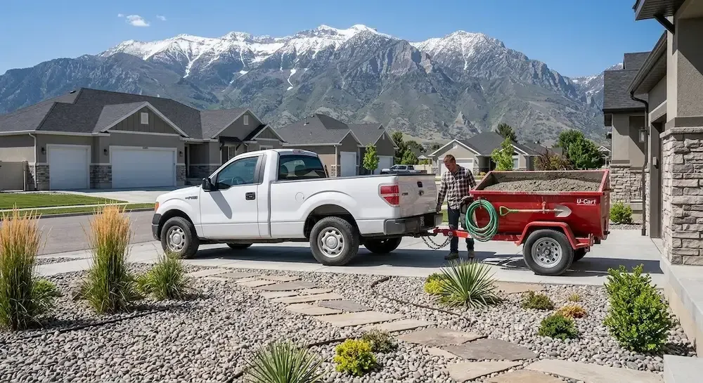 White pickup truck towing a red trailer in a suburban driveway with mountains in the background