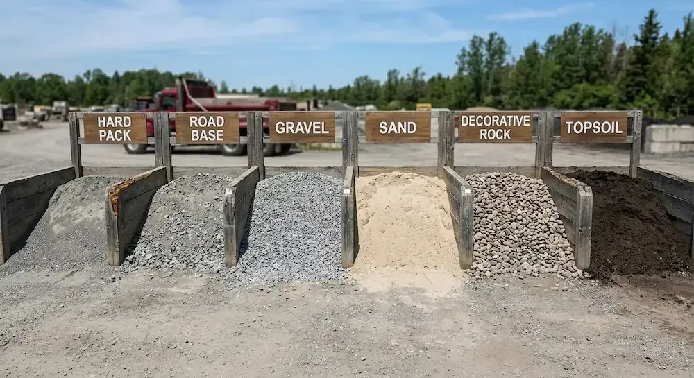 Sand and gravel bins at an outdoor landscaping supply yard with labeled material piles.