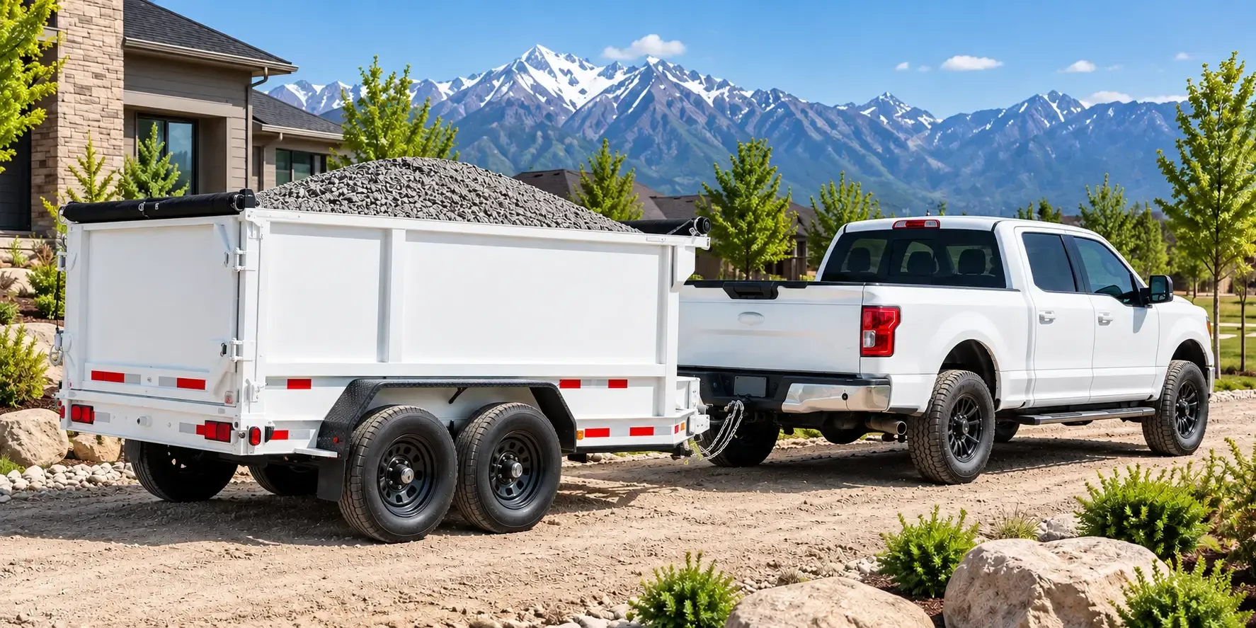 White pickup towing a U-Cart Utah Rock & Landscape trailer in a suburban mountain setting