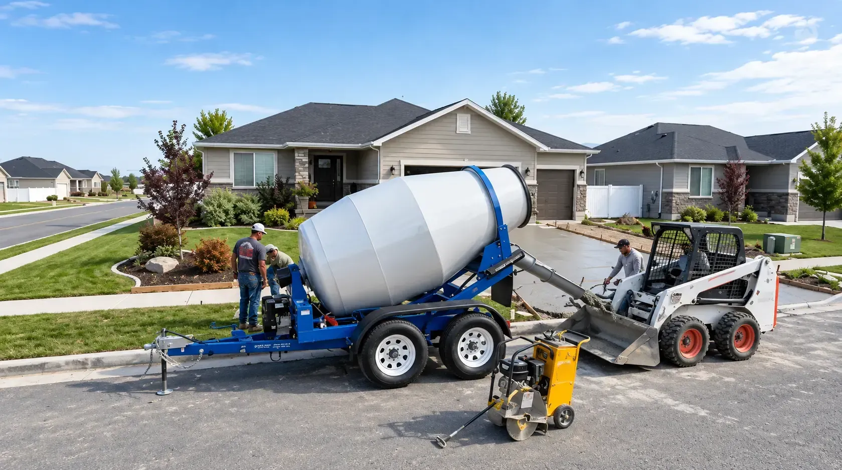 Concrete mixer truck parked on a suburban street beside a portable pump and construction equipment