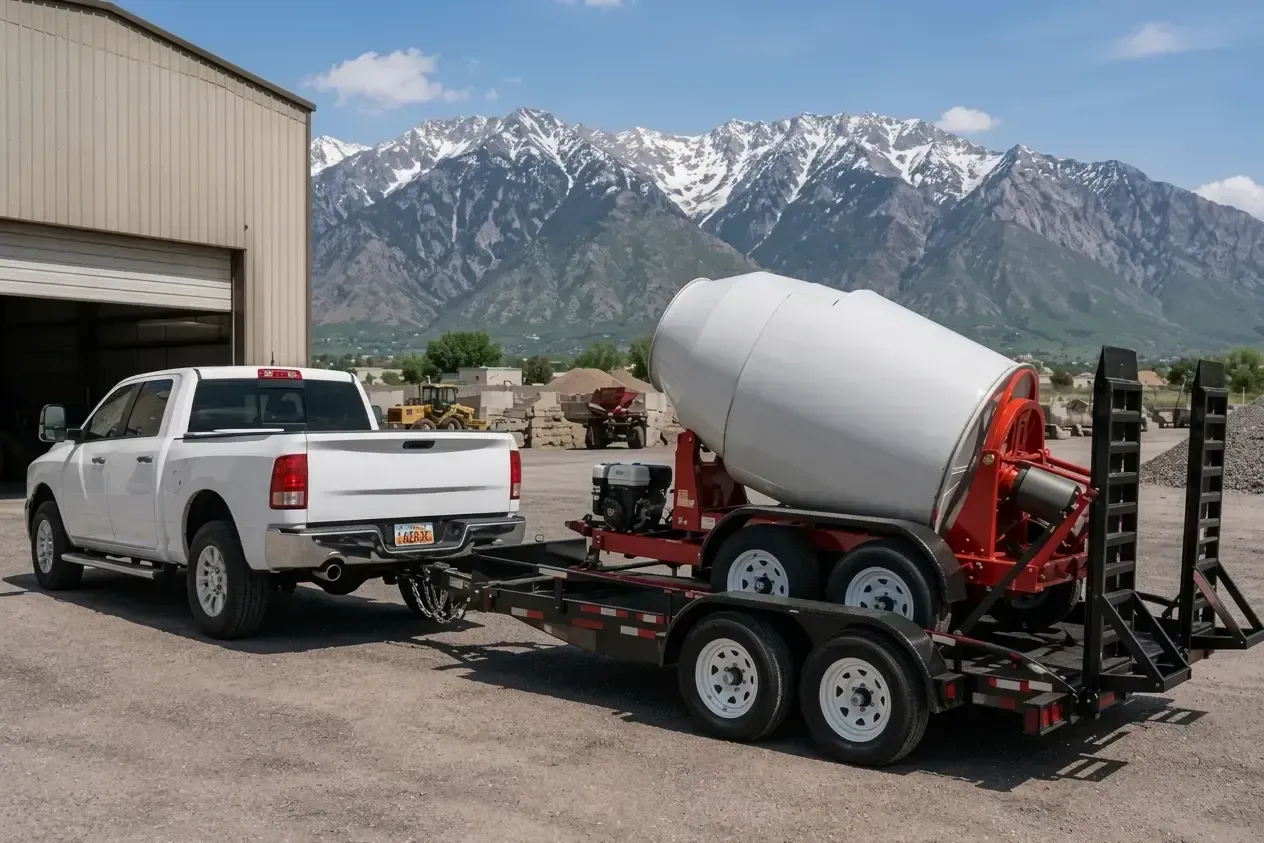 White pickup towing red Utah Rock concrete mixer in front of snow-capped mountains and a concrete plant