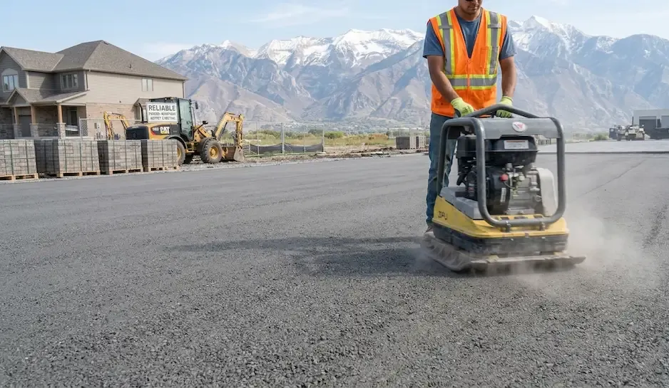 Worker in orange safety vest operating a plate compactor on a newly paved road with mountains in the background