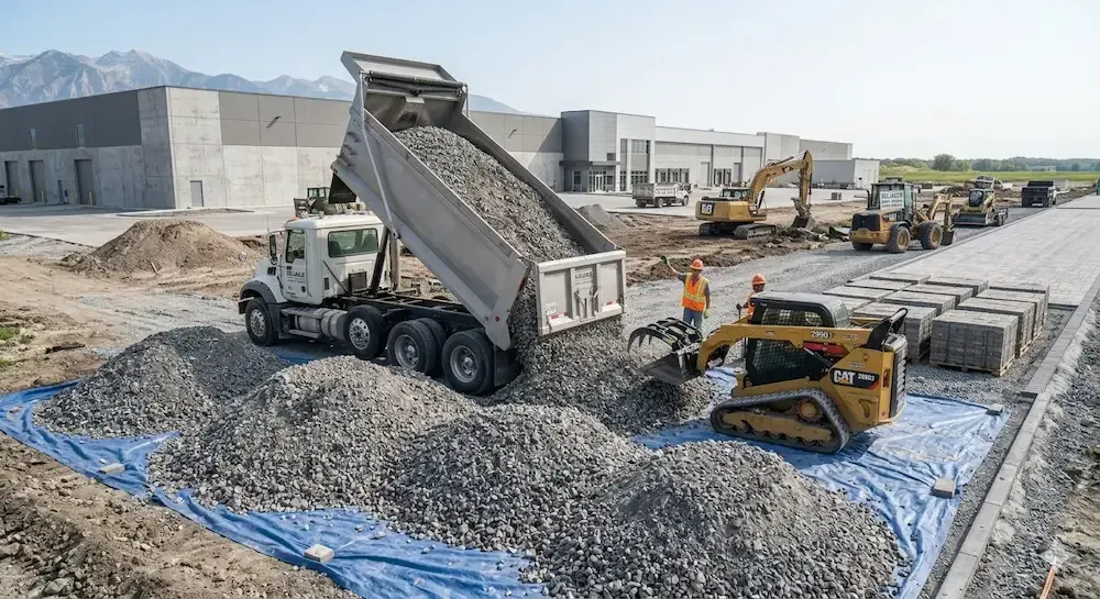 Dump truck unloading gravel beside a loader at a construction site with blue tarp ground cover