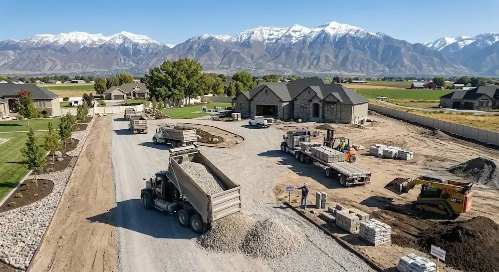 Road construction site with dump trucks and heavy equipment, mountains in the background.