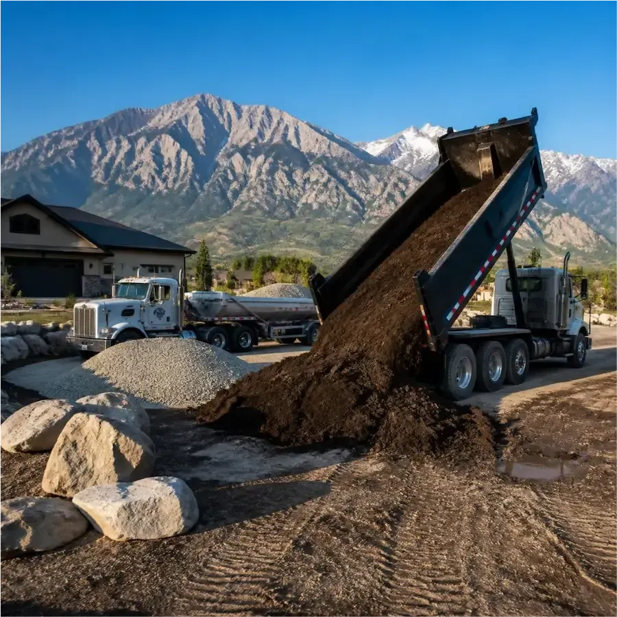 Dump truck unloading dirt at a construction site with mountains in the background