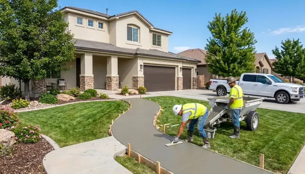 Workers unload equipment from a truck and trailer in front of a suburban house with mountains behind.