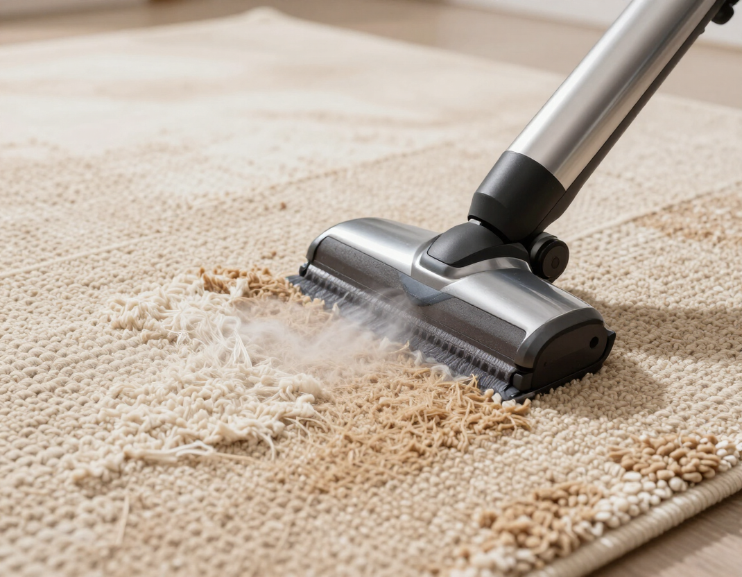 Spazzola dell'aspirapolvere che pulisce un tappeto beige con sporco e briciole visibili.