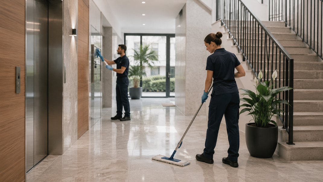Due addetti alle pulizie lavorano in una luminosa hall, lavando il pavimento di marmo e pulendo una parete vicino a una scala.