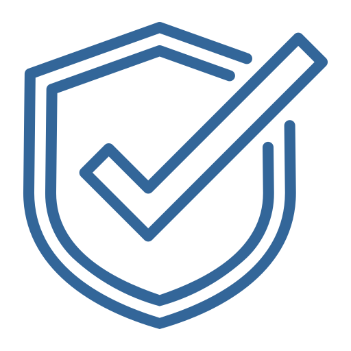 Blue shield with checkmark, representing security and approval.