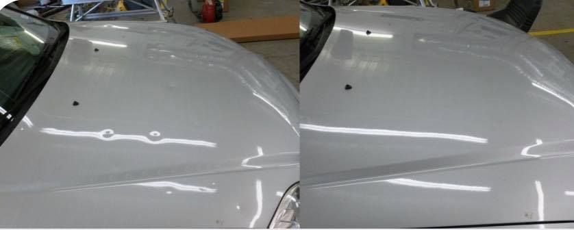 Split View of a White Car Hood With Before-and-after Light Reflections — FNQ Paintless Dent Repair in Edmonton, QLD
