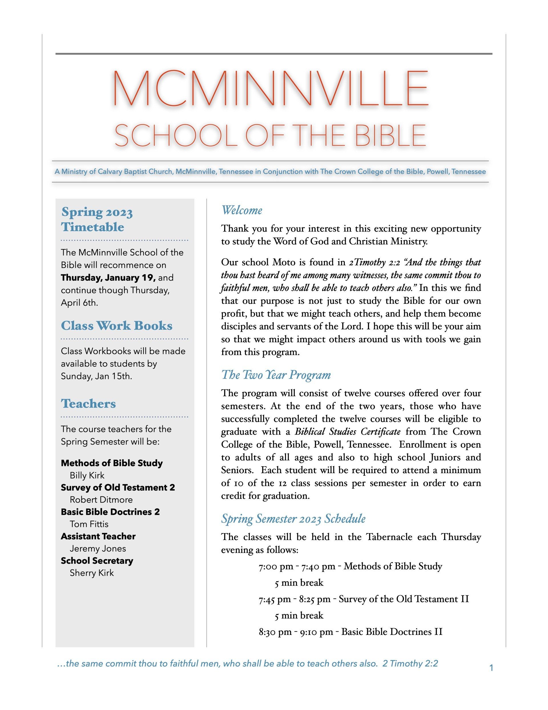 McMinnville School of the Bible flyer with text on courses, programs, and enrollment information.