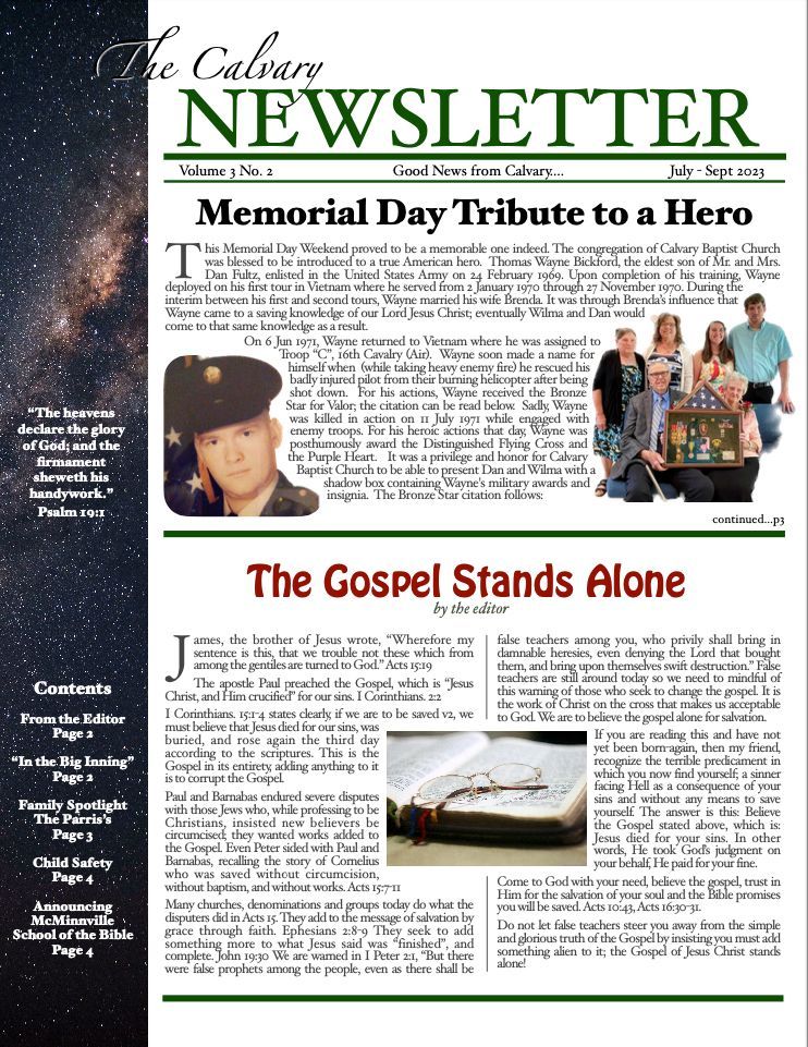 Newsletter with headlines, a photograph of a soldier, and a group photo; article about Memorial Day and Gospel.