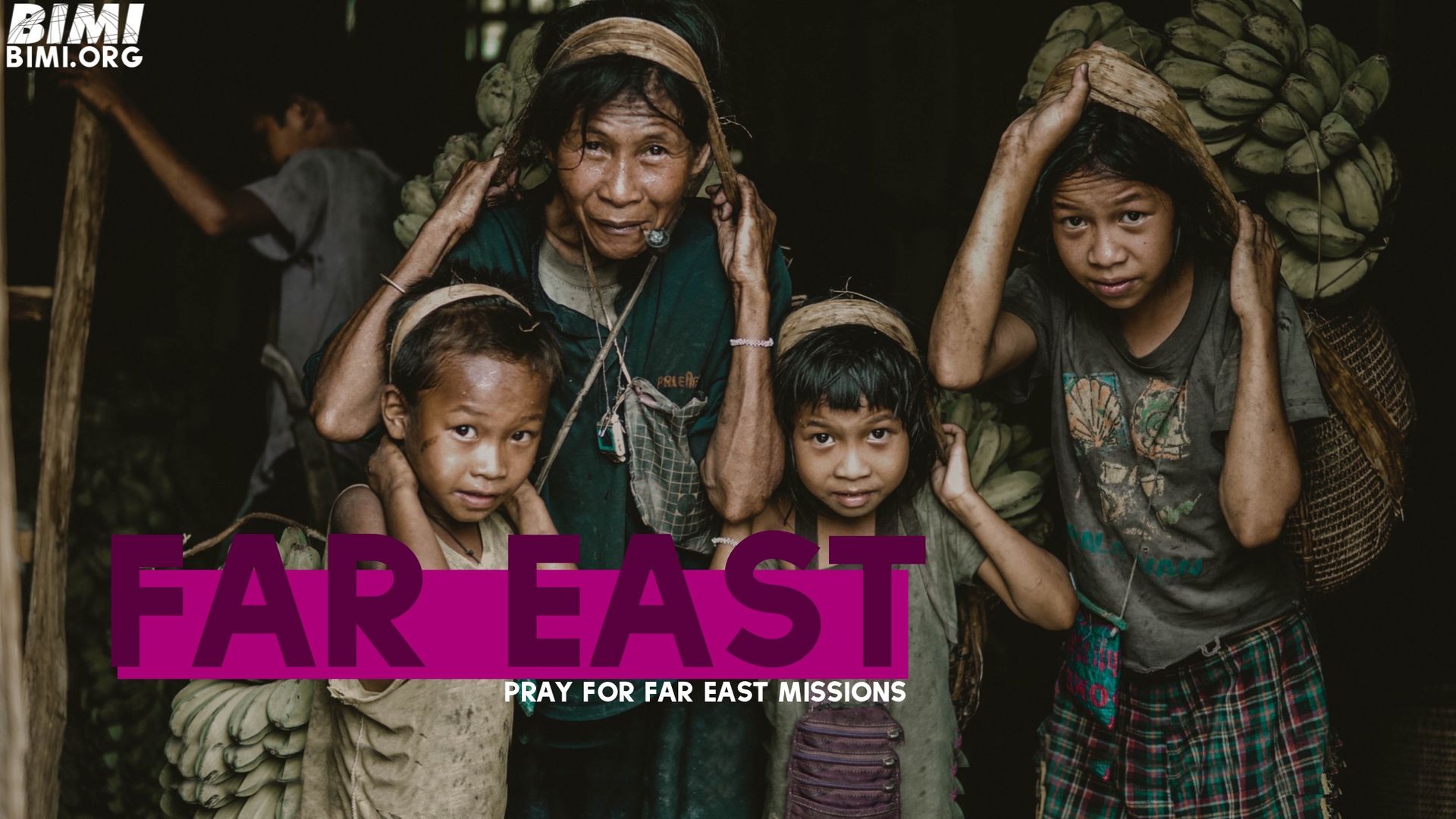 Group of people carrying produce in a storage area. Purple text reads 
