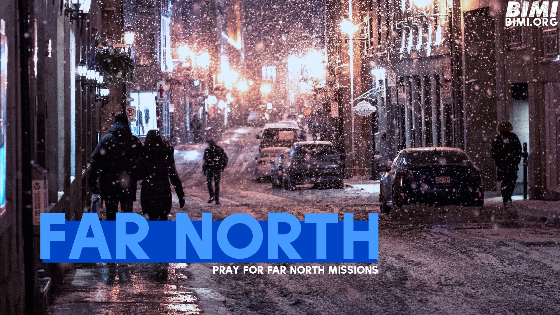 Snowy street scene, people walking past cars under streetlights, 