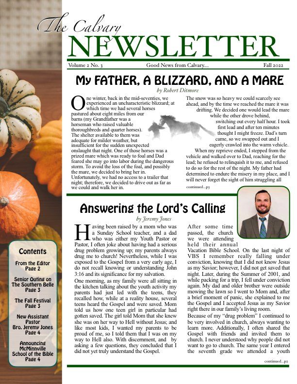 Newsletter with articles, headings, a photograph, and fall-themed gourds.