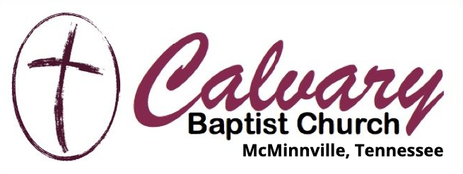 Logo for Calvary Baptist Church in McMinnville, Tennessee, featuring a cross inside an oval, and text in maroon and black.