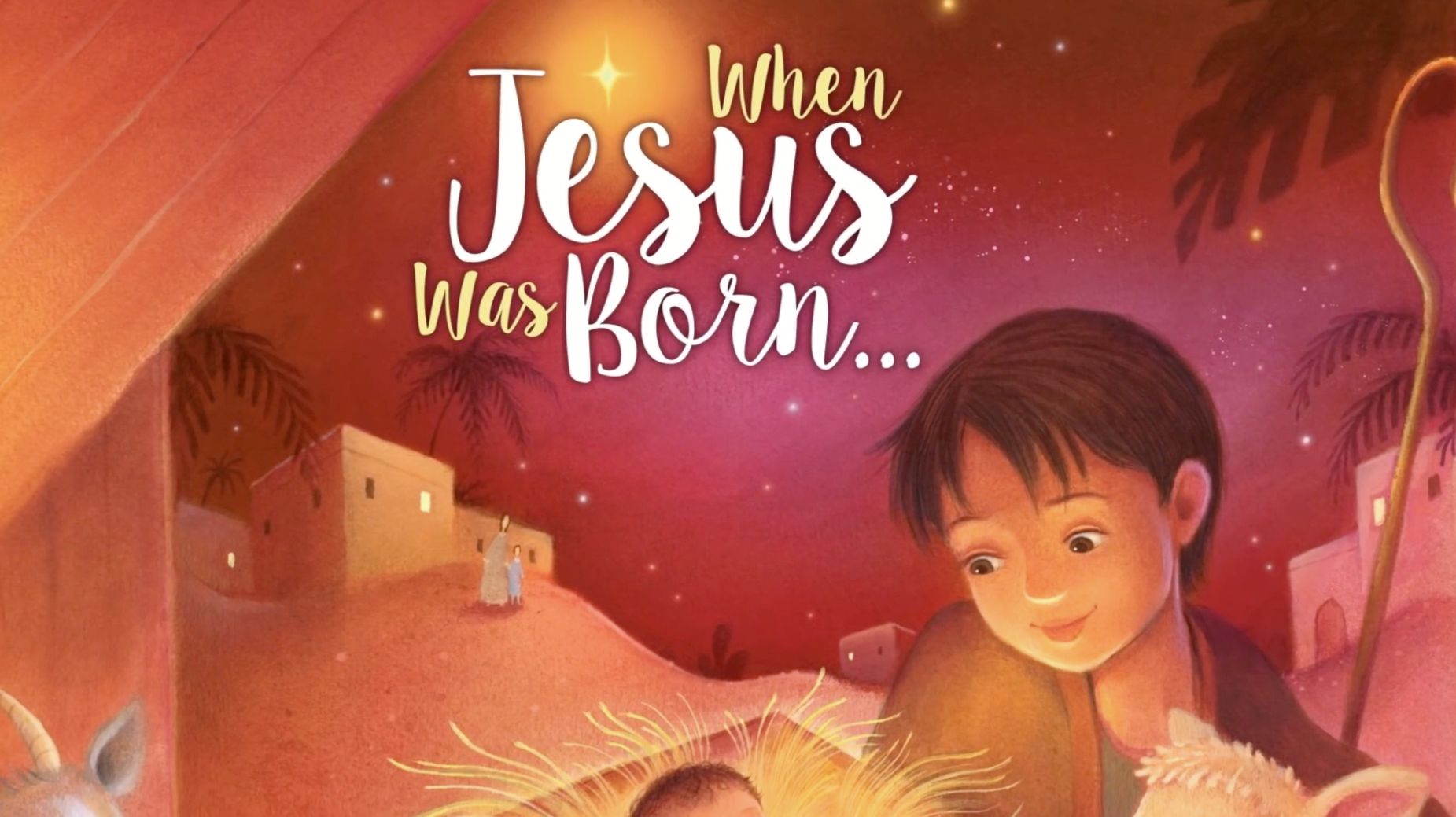 Boy looks toward a manger where baby Jesus lies. Bethlehem scene, warm colors.