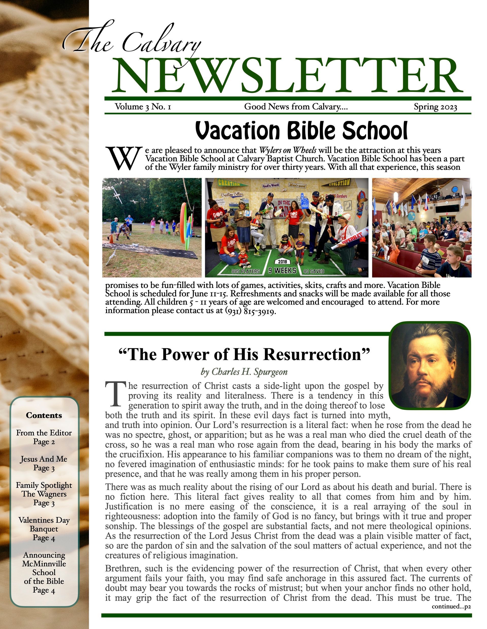 Newsletter cover for a church. Photos of children at a Bible school and an article about the power of resurrection.