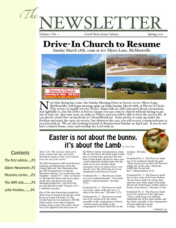 Church newsletter with photos of a drive-in service. Headline: Drive-In Church to Resume. Article about Easter.